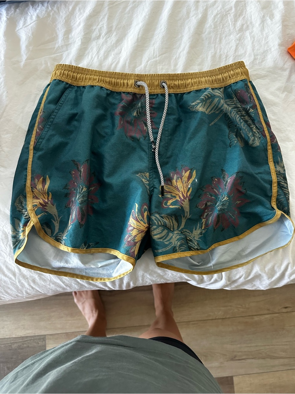 Men's Teal Floral Swim Trunks with Gold Trim by Maamgic